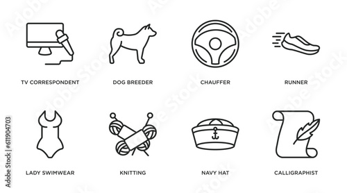 people skills outline icons set. thin line icons such as tv correspondent, dog breeder, chauffer, runner, lady swimwear, knitting, navy hat, calligraphist vector.