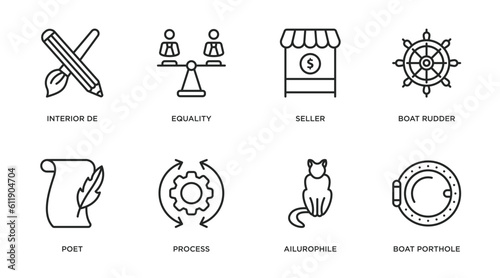 people skills outline icons set. thin line icons such as interior de, equality, seller, boat rudder, poet, process, ailurophile, boat porthole vector.