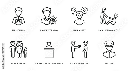people outline icons set. thin line icons such as pulmonary, layer working, man angry, man lifting an old man, family group, speaker in a conference, police arresting matrix vector.