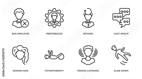 people outline icons set. thin line icons such as bad employee, preferences, rethink, chat group, woman hair, physiotherapy, person listening, slide down vector.
