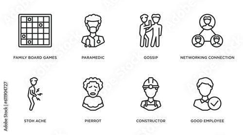 people outline icons set. thin line icons such as family board games, paramedic, gossip, networking connection, stoh ache, pierrot, constructor, good employee vector.