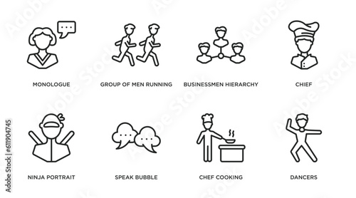 people outline icons set. thin line icons such as monologue, group of men running, businessmen hierarchy, chief, ninja portrait, speak bubble, chef cooking, dancers vector.