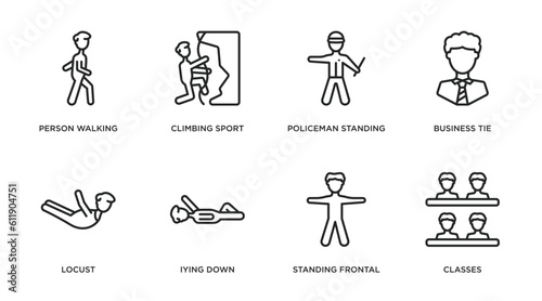 people outline icons set. thin line icons such as person walking, climbing sport, policeman standing up, business tie, locust, iying down, standing frontal man, classes vector.