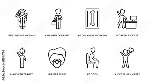 people outline icons set. thin line icons such as graduating woman, man with company, radiologist working, worker success, man with target, hipster smile, sit down, success man happy vector.