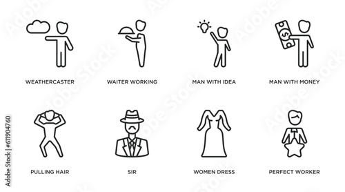 people outline icons set. thin line icons such as weathercaster, waiter working, man with idea, man with money, pulling hair, sir, women dress, perfect worker vector.