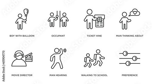 people outline icons set. thin line icons such as boy with balloon, occupant, ticket hine, man thinking about love, movie director, man hearing, walking to school, preference vector.