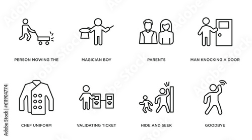 people outline icons set. thin line icons such as person mowing the grass, magician boy, parents, man knocking a door, chef uniform, validating ticket, hide and seek, goodbye vector.