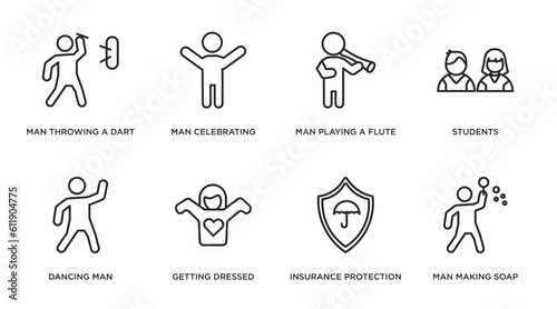 people outline icons set. thin line icons such as man throwing a dart, man celebrating, man playing a flute, students, dancing getting dressed, insurance protection, making soap bubbles vector.