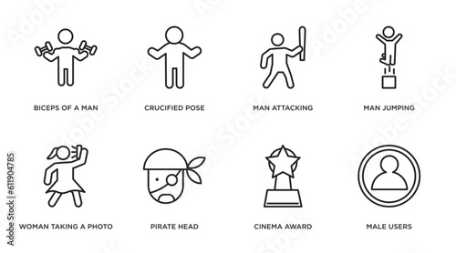 people outline icons set. thin line icons such as biceps of a man, crucified pose, man attacking, man jumping, woman taking a photo, pirate head, cinema award, male users vector.