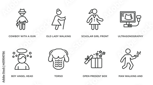 people outline icons set. thin line icons such as cowboy with a gun, old lady walking, scholar girl front, ultrasonography, boy angel head, torso, open present box, man walking and smoking vector.