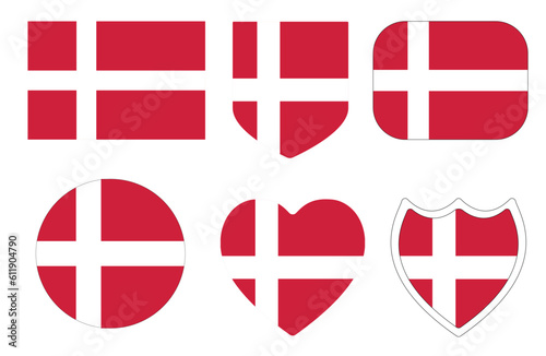 Flag of Denmark in design shape set. Danish Flag set.