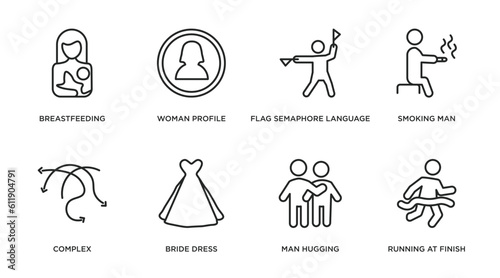 people outline icons set. thin line icons such as breastfeeding, woman profile, flag semaphore language, smoking man, complex, bride dress, man hugging, running at finish line vector.