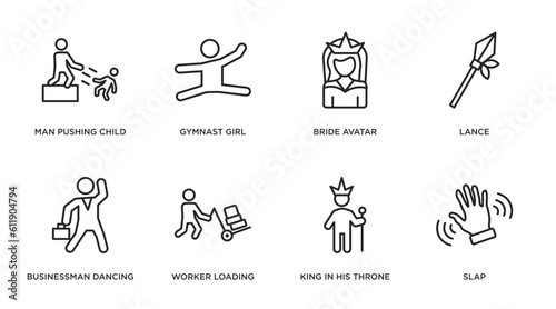 people outline icons set. thin line icons such as man pushing child, gymnast girl, bride avatar, lance, businessman dancing, worker loading, king in his throne, slap vector.