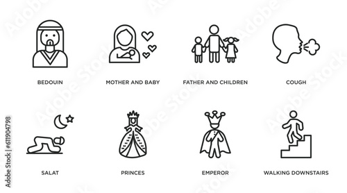 people outline icons set. thin line icons such as bedouin, mother and baby, father and children, cough, salat, princes, emperor, walking downstairs vector.
