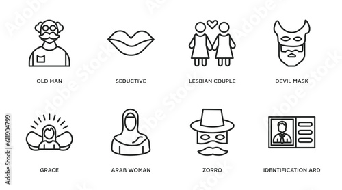 people outline icons set. thin line icons such as old man, seductive, lesbian couple, devil mask, grace, arab woman, zorro, identification ard vector.