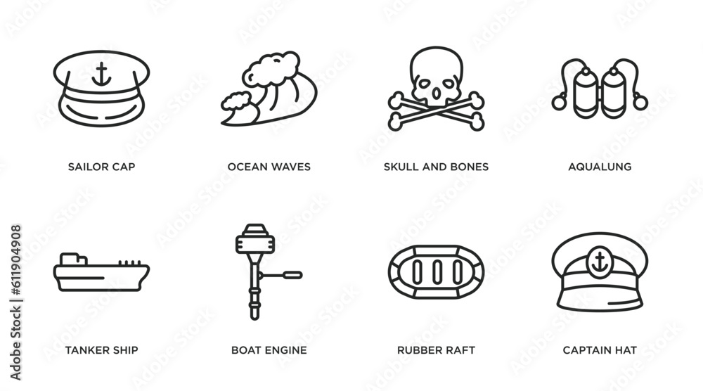 nautical outline icons set. thin line icons such as sailor cap, ocean waves, skull and bones, aqualung, tanker ship, boat engine, rubber raft, captain hat vector.