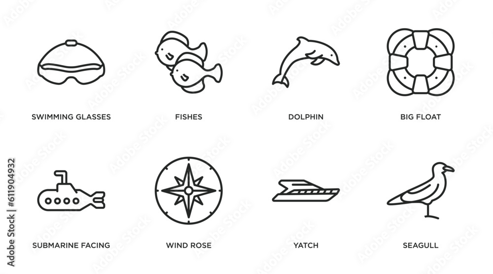nautical outline icons set. thin line icons such as swimming glasses, fishes, dolphin, big float, submarine facing right, wind rose, yatch, seagull vector. nautical outline icons set. thin line icons such as swimming glasses, fishes, dolphin, big float, submarine facing right, wind rose, yatch, seagull vector.