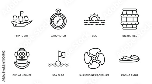 nautical outline icons set. thin line icons such as pirate ship, barometer, sea, big barrel, diving helmet, sea flag, ship engine propeller, facing right vector.