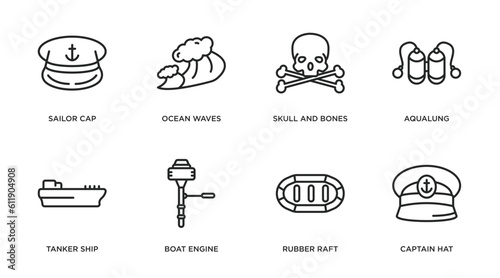 nautical outline icons set. thin line icons such as sailor cap, ocean waves, skull and bones, aqualung, tanker ship, boat engine, rubber raft, captain hat vector.