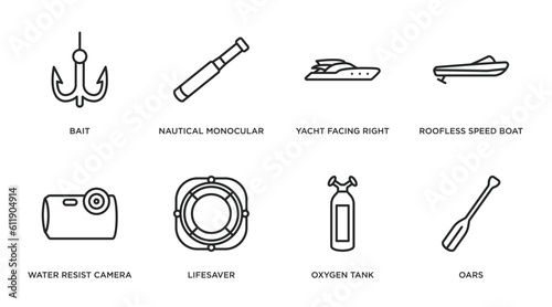 nautical outline icons set. thin line icons such as bait, nautical monocular, yacht facing right, roofless speed boat, water resist camera, lifesaver, oxygen tank, oars vector.