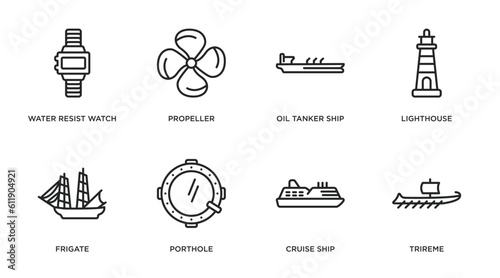 nautical outline icons set. thin line icons such as water resist watch, propeller, oil tanker ship, lighthouse, frigate, porthole, cruise ship, trireme vector.