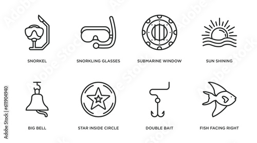 nautical outline icons set. thin line icons such as snorkel, snorkling glasses, submarine window, sun shining, big bell, star inside circle, double bait, fish facing right vector.