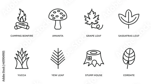 nature outline icons set. thin line icons such as camping bonfire, amanita, grape leaf, sassafras leaf, yucca, yew leaf, stump house, cordate vector.