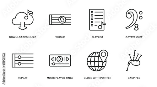 music and media outline icons set. thin line icons such as downloaded music cloud, whole, playlist, octave clef, repeat, music player tings, globe with pointer, bagpipes vector.