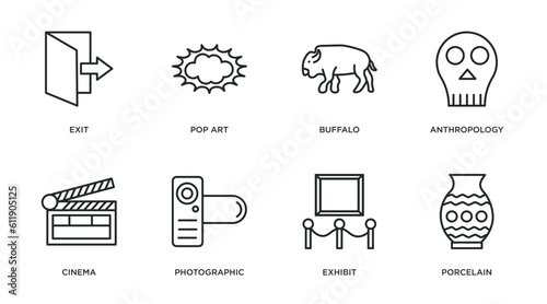 museum outline icons set. thin line icons such as exit, pop art, buffalo, anthropology, cinema, photographic, exhibit, porcelain vector.
