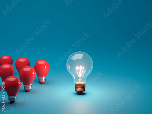 Many red light bulbs, capturing attention with one distinct huge white glowing bulb in the middle. Symbolic power of choice. The concept of Idea and Leadership. AI generative.