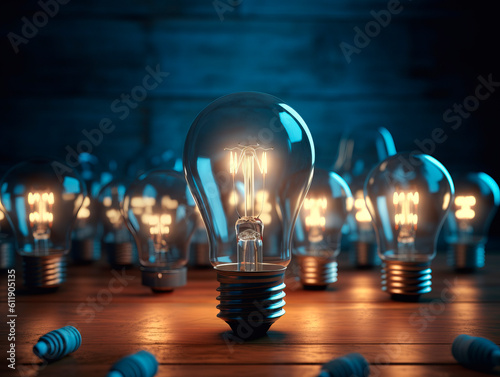 A group of Multiple retro-style light bulbs in a dark room, casting a nostalgic glow. They create a captivating vintage ambiance. Idea concept. Teamwork. AI generative illustration.