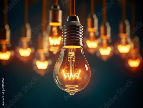Multiple retro-style light bulbs hang from the ceiling in a dark room, casting a nostalgic glow. They create a captivating vintage ambiance. Idea concept. Teamwork. AI generative illustration.