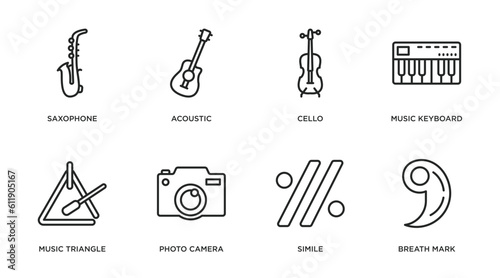 music and media outline icons set. thin line icons such as saxophone, acoustic, cello, music keyboard, music triangle, photo camera, simile, breath mark vector.