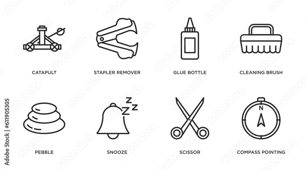 miscellaneous outline icons set. thin line icons such as catapult, stapler remover, glue bottle, cleaning brush, pebble, snooze, scissor, compass pointing north vector. miscellaneous outline icons set. thin line icons such as catapult, stapler remover, glue bottle, cleaning brush, pebble, snooze, scissor, compass pointing north vector.
