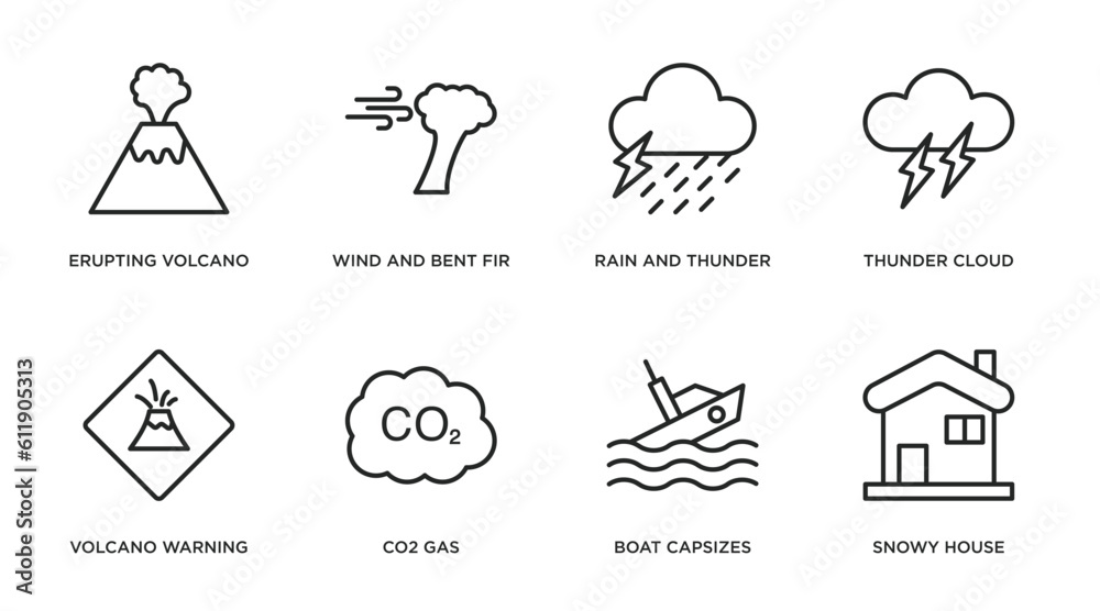 meteorology outline icons set. thin line icons such as erupting volcano, wind and bent fir, rain and thunder, thunder cloud, volcano warning, co2 gas, boat capsizes, snowy house vector. meteorology outline icons set. thin line icons such as erupting volcano, wind and bent fir, rain and thunder, thunder cloud, volcano warning, co2 gas, boat capsizes, snowy house vector.