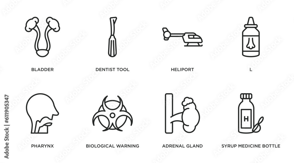 medical outline icons set. thin line icons such as bladder, dentist tool, heliport, l, pharynx, biological warning, adrenal gland, syrup medicine bottle vector. medical outline icons set. thin line icons such as bladder, dentist tool, heliport, l, pharynx, biological warning, adrenal gland, syrup medicine bottle vector.