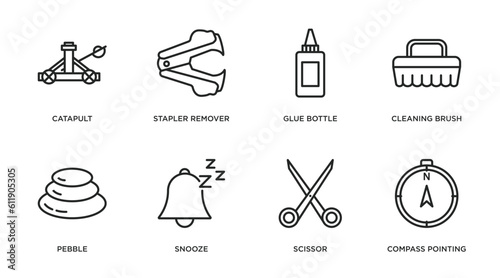 miscellaneous outline icons set. thin line icons such as catapult, stapler remover, glue bottle, cleaning brush, pebble, snooze, scissor, compass pointing north vector.