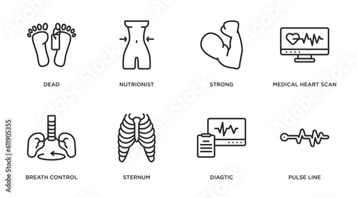 medical outline icons set. thin line icons such as dead, nutrionist, strong, medical heart scan, breath control, sternum, diagtic, pulse line vector.