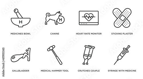 medical outline icons set. thin line icons such as medicines bowl, canine, heart rate monitor, sticking plaster, gallbladder, medical hammer tool, crutches couple, syringe with medicine vector.
