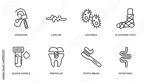 medical outline icons set. thin line icons such as otoscope, lifeline, bacteria, plastered foot, blood sample, premolar, tooth brush, intestines vector.