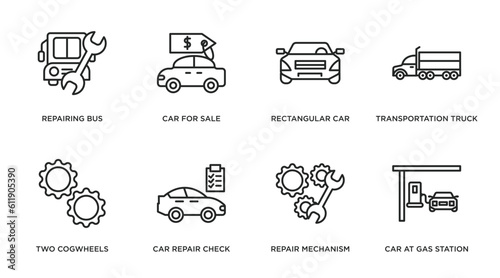 mechanicons outline icons set. thin line icons such as repairing bus, car for sale, rectangular car, transportation truck, two cogwheels, car repair check, repair mechanism, at gas station vector.
