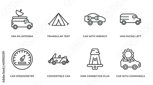 mechanicons outline icons set. thin line icons such as van an antenna, triangular tent, car with wrench, van facing left, car speedometer, convertible car, hine connector plug, with cogwheels