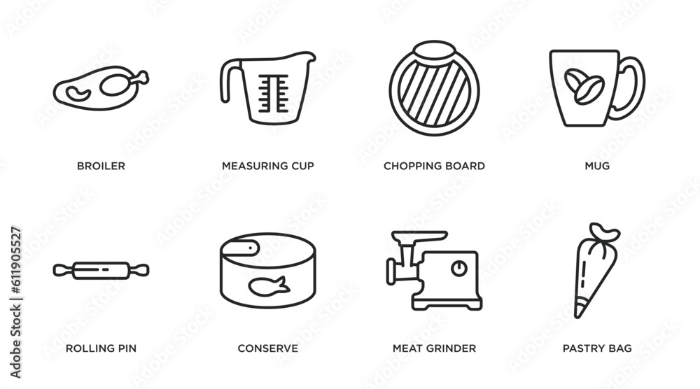 kitchen outline icons set. thin line icons such as broiler, measuring cup, chopping board, mug, rolling pin, conserve, meat grinder, pastry bag vector.