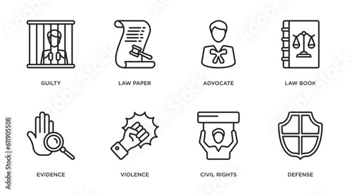 law and justice outline icons set. thin line icons such as guilty, law paper, advocate, law book, evidence, violence, civil rights, defense vector.
