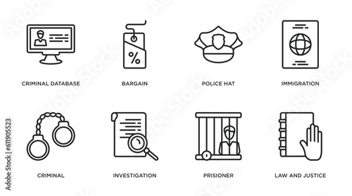 law and justice outline icons set. thin line icons such as criminal database, bargain, police hat, immigration, criminal, investigation, prisioner, law and justice vector.