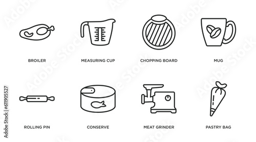 kitchen outline icons set. thin line icons such as broiler, measuring cup, chopping board, mug, rolling pin, conserve, meat grinder, pastry bag vector.