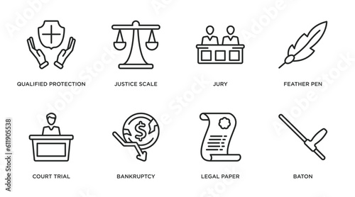 law and justice outline icons set. thin line icons such as qualified protection, justice scale, jury, feather pen, court trial, bankruptcy, legal paper, baton vector.