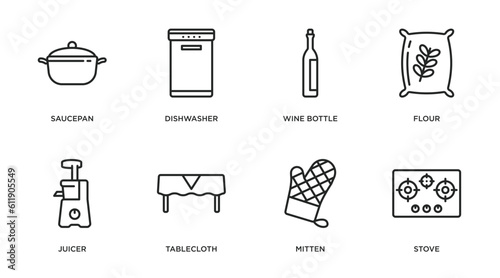 kitchen outline icons set. thin line icons such as saucepan, dishwasher, wine bottle, flour, juicer, tablecloth, mitten, stove vector.
