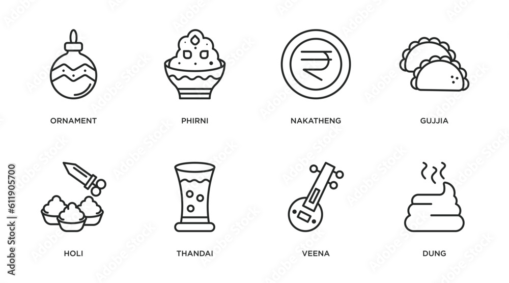 india and holi outline icons set. thin line icons such as ornament, phirni, nakatheng, gujjia, holi, thandai, veena, dung vector.