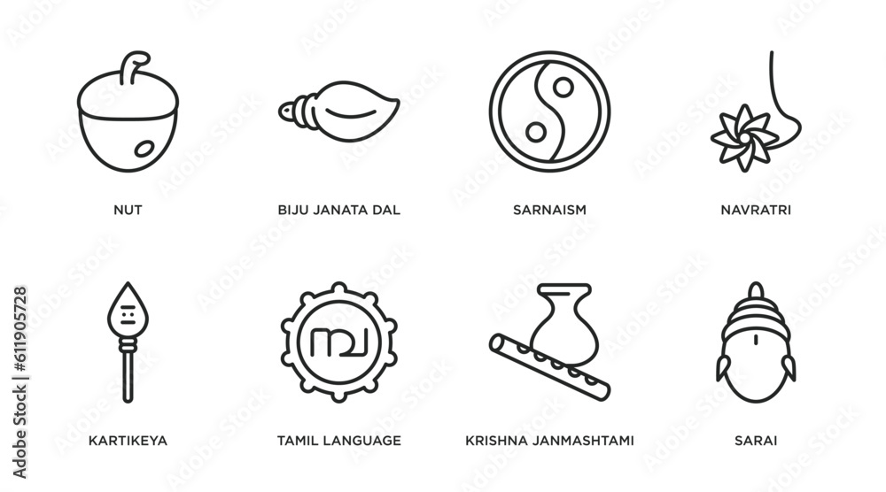 india outline icons set. thin line icons such as nut, biju janata dal, sarnaism, navratri, kartikeya, tamil language, krishna janmashtami, sarai vector.